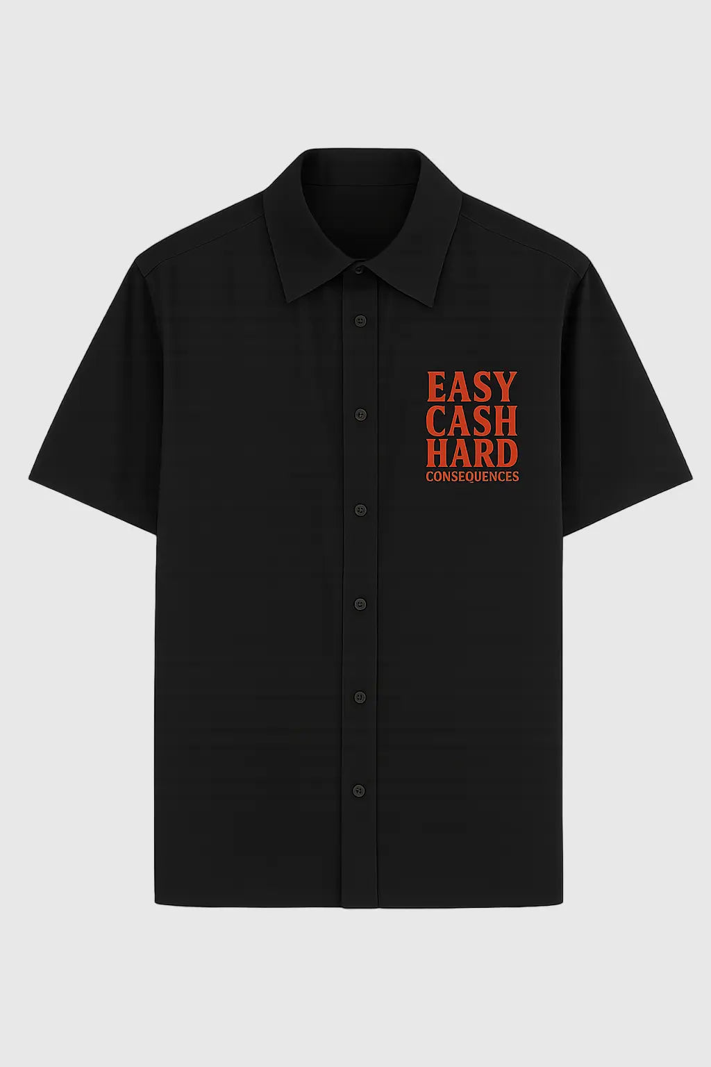 Front view of a black oversized streetwear T-shirt made from 100% cotton, featuring bold red text “Easy Cash Hard Consequences” across the chest — premium 240 GSM unisex shirt with a clean, minimal front design for modern urban fashion