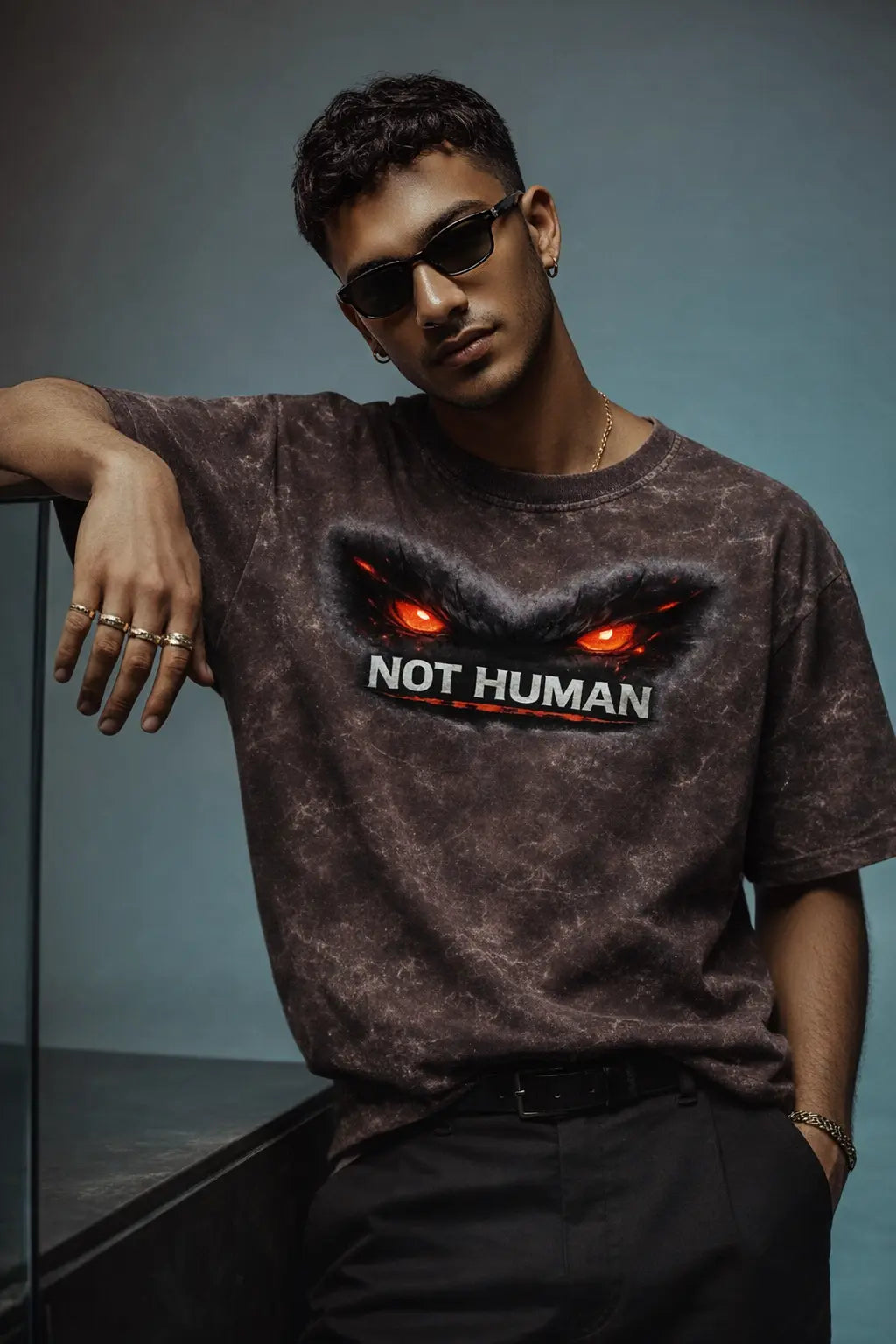 Not Human Acid Wash Oversized T Shirt – Dark Demon Graphic | Maxedoutt