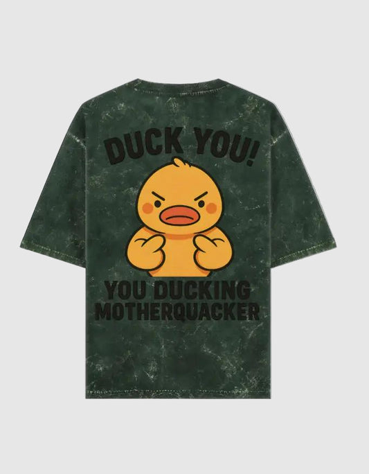 Back design of acid wash duck you t-shirt featuring bold Duck You slogan
