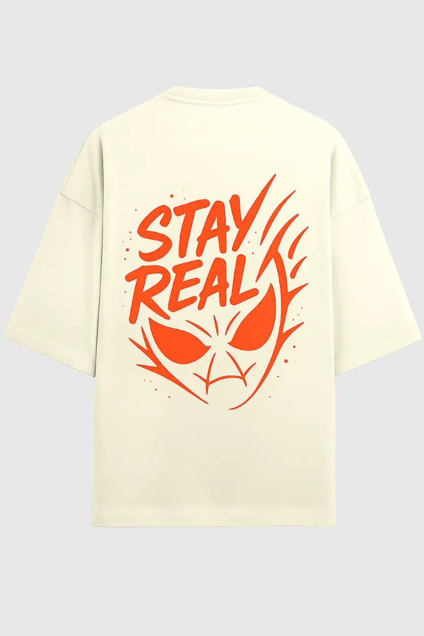 Stay Real Flame Spider Unisex Oversized Tee Back “STAY REAL” Graphic