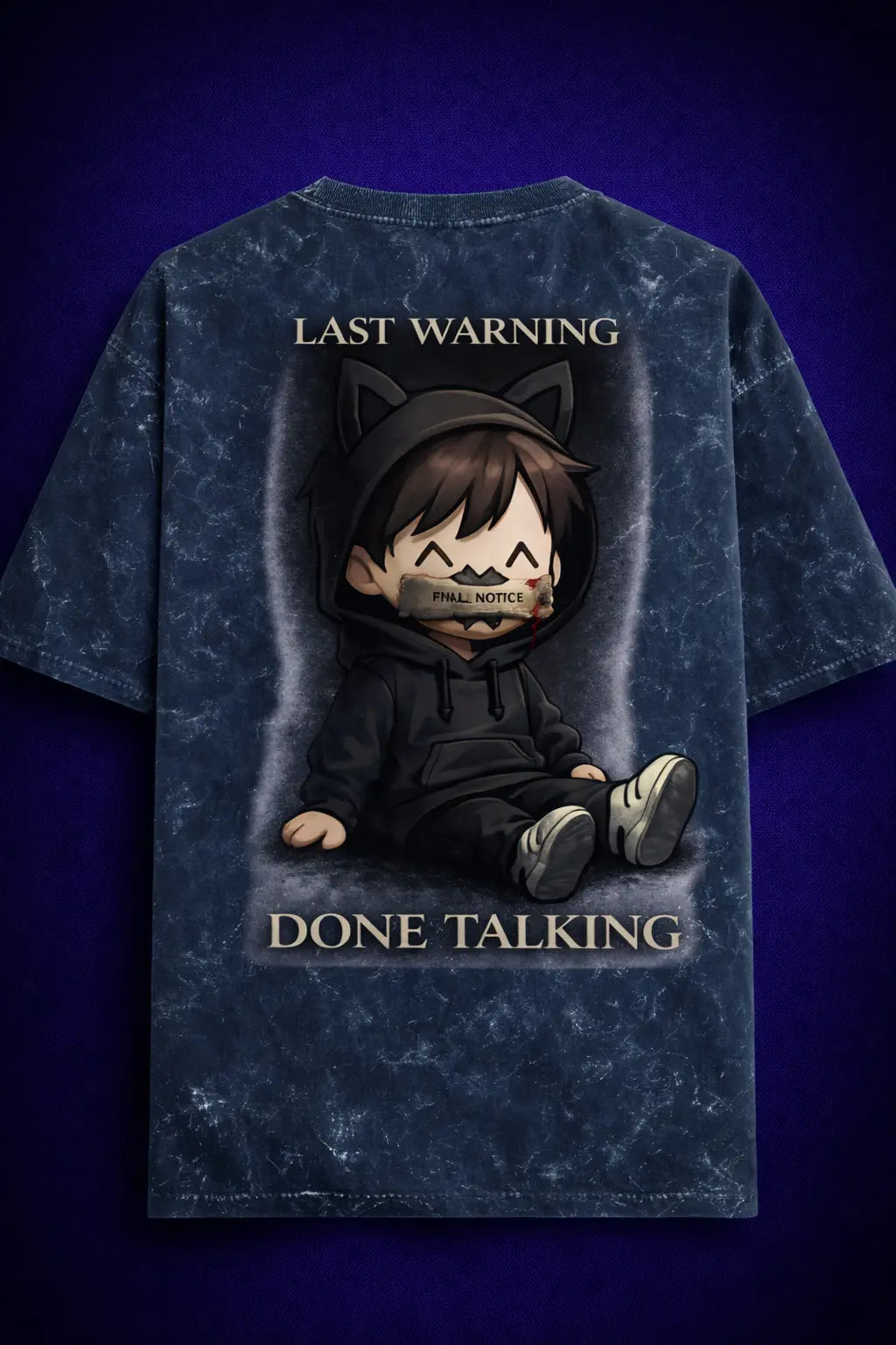 Last Warning Done Talking oversized t shirt back graphic anime streetwear acid wash