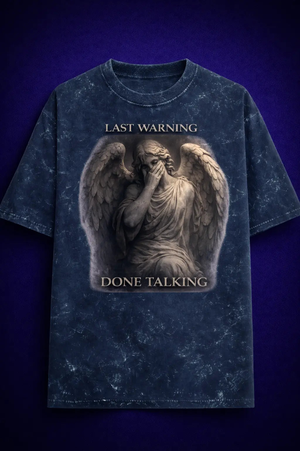 Last Warning Done Talking oversized t shirt front angel graphic acid wash streetwear