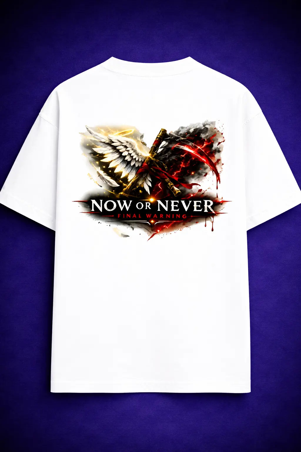 White oversized t shirt with angel vs chaos design and “Now or Never Final Warning” text – Maxedoutt