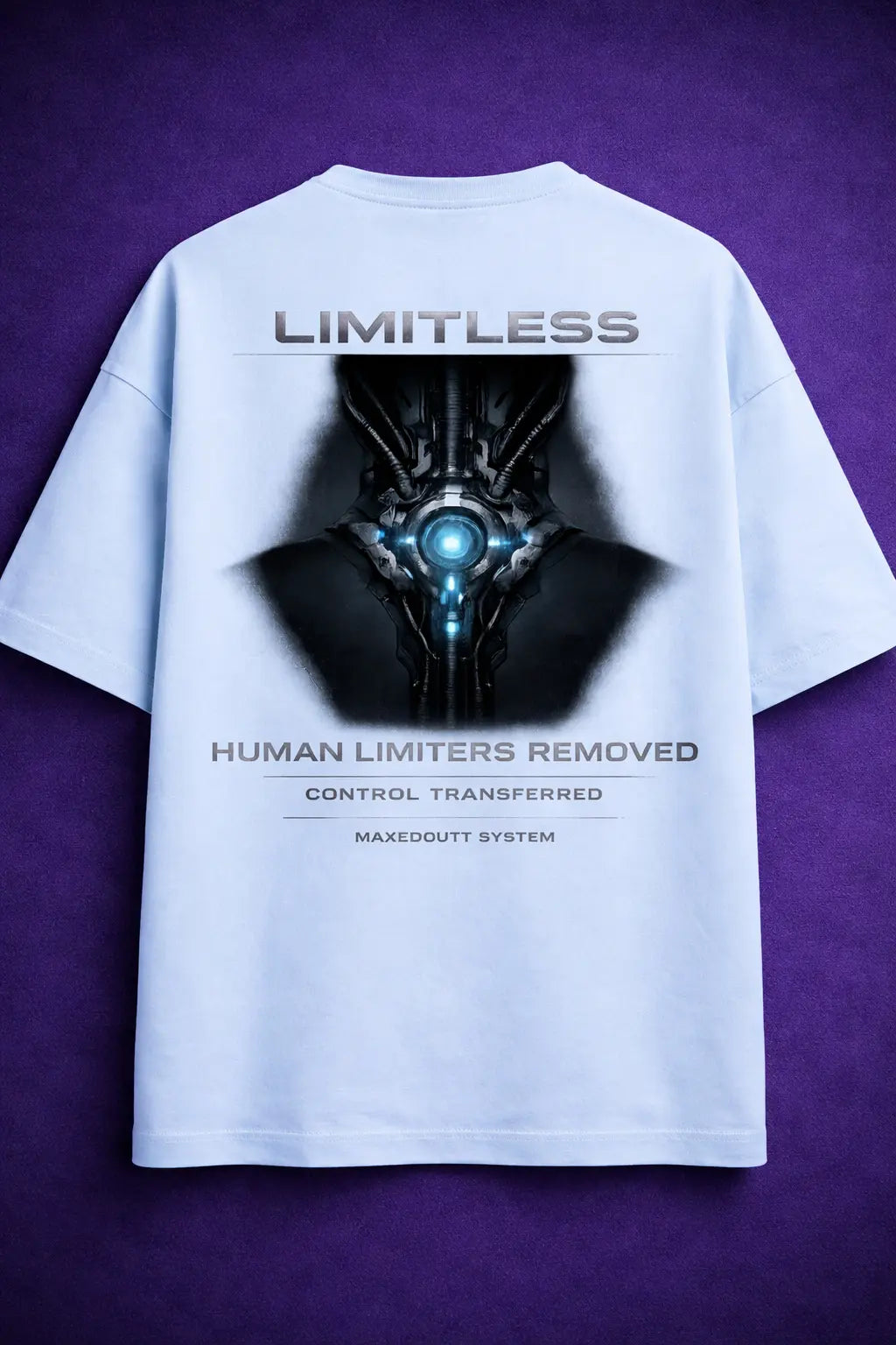 Limitless System oversized t shirt back with futuristic core graphic and “Human Limiters Removed” text, premium streetwear oversized tee by Maxedoutt
