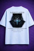 Limitless System oversized t shirt back with futuristic core graphic and “Human Limiters Removed” text, premium streetwear oversized tee by Maxedoutt