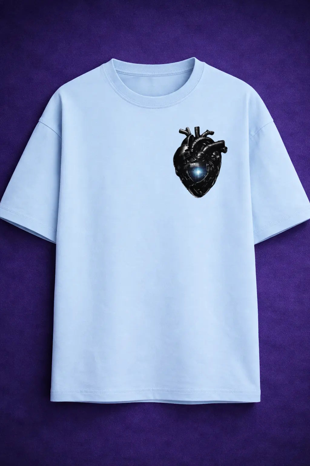 Limitless System oversized t shirt front with minimal cyber heart graphic on chest, 260 GSM streetwear oversized fit by Maxedoutt