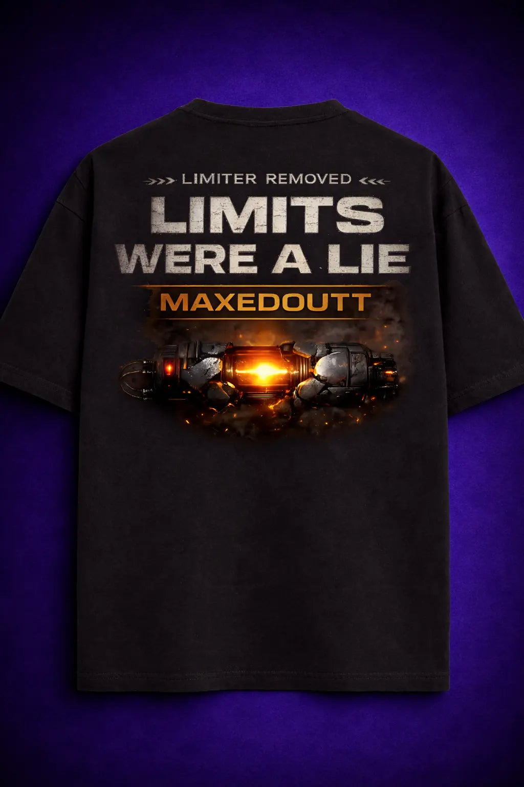 Limitless t shirt back with “Limits Were A Lie” graphic and glowing core design, premium Supima cotton streetwear t shirt by Maxedoutt