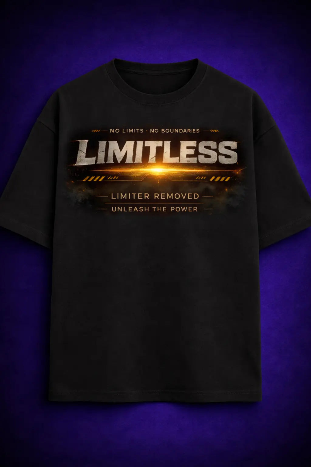 Limitless t shirt front with bold “Limitless” typography and glowing graphic design, regular fit Supima cotton t shirt by Maxedoutt
