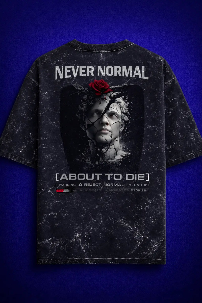 Black acid wash oversized t shirt with cracked statue graphic and “Reject Normality” design – Maxedoutt