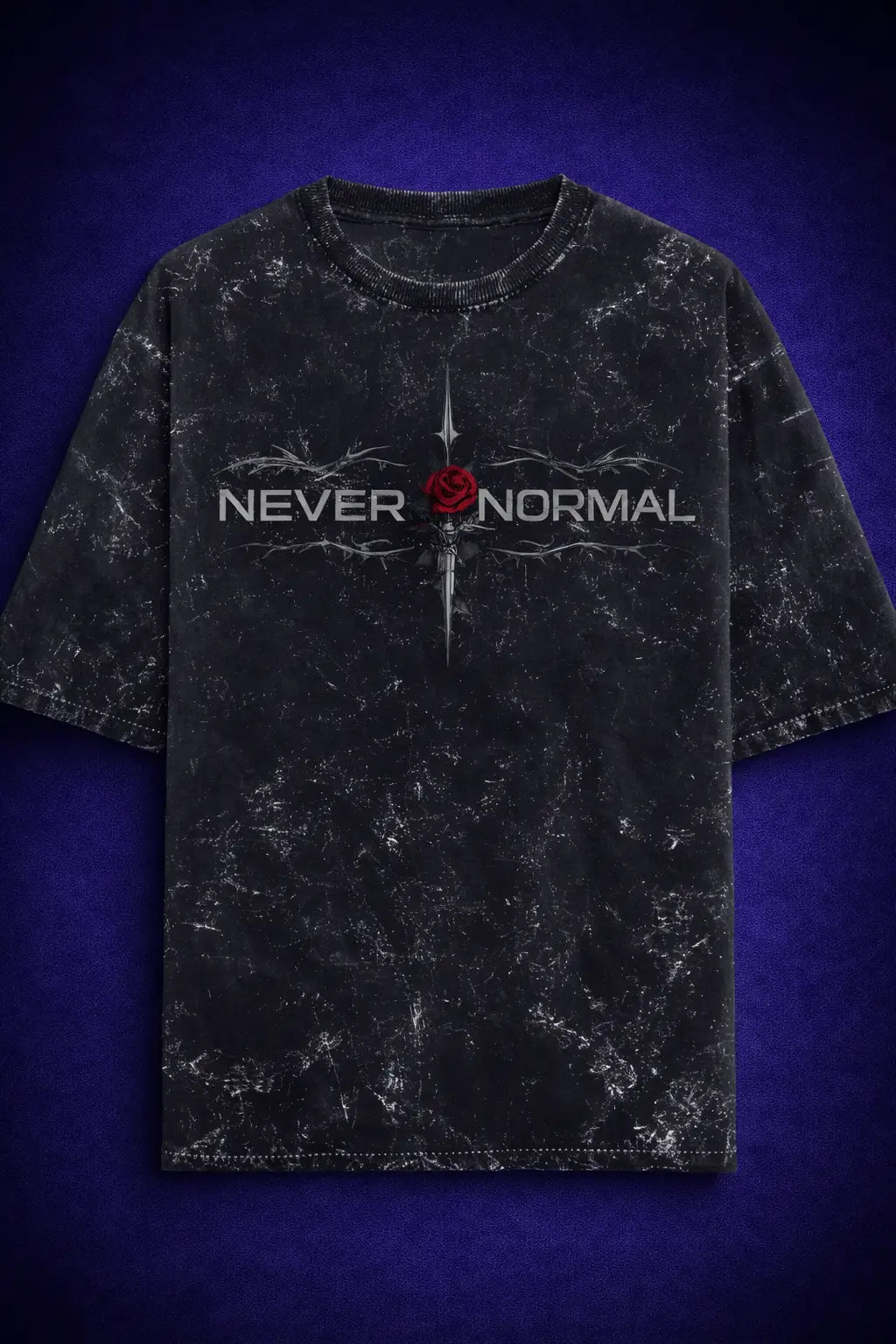 Black acid wash oversized t shirt with “Never Normal” text and red rose graphic – Maxedoutt streetwear
