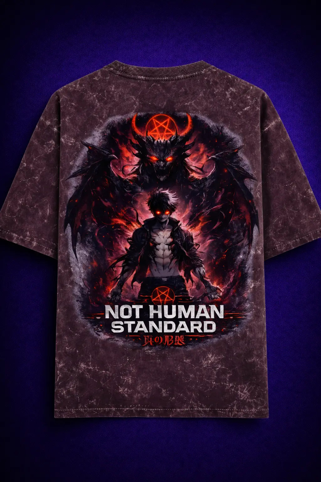 Not Human acid wash oversized t shirt back with dark demon graphic and “Not Human Standard” text, oversized streetwear by Maxedoutt