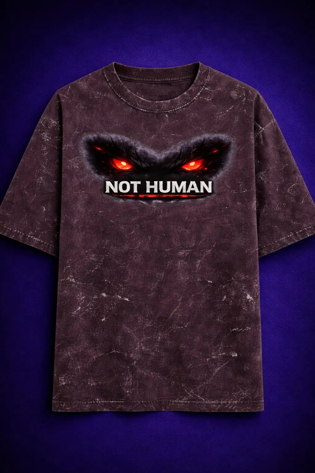 Not Human acid wash oversized t shirt front with red glowing demon eyes graphic, dark streetwear oversized fit by Maxedoutt