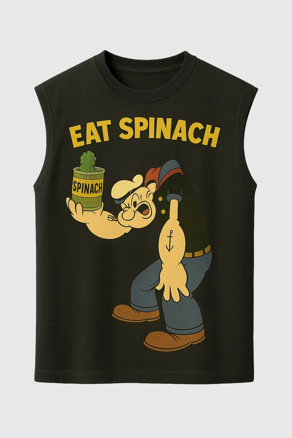 Popeye Eat Spinach graphic black sleeveless tank top front view – vintage cartoon streetwear design.