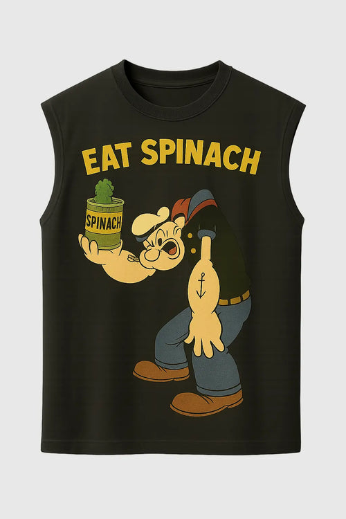 Popeye Eat Spinach graphic black sleeveless tank top front view – vintage cartoon streetwear design.