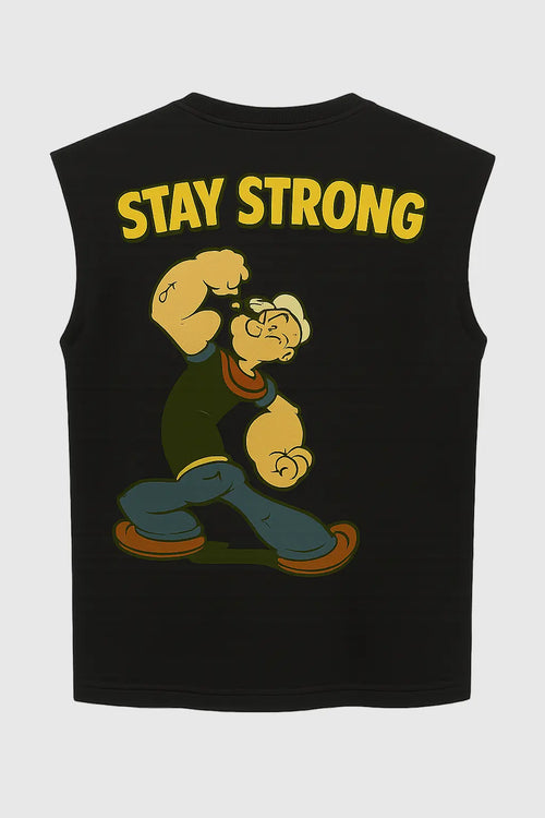 Popeye Stay Strong graphic black sleeveless tank top back view – retro fitness-inspired streetwear tee