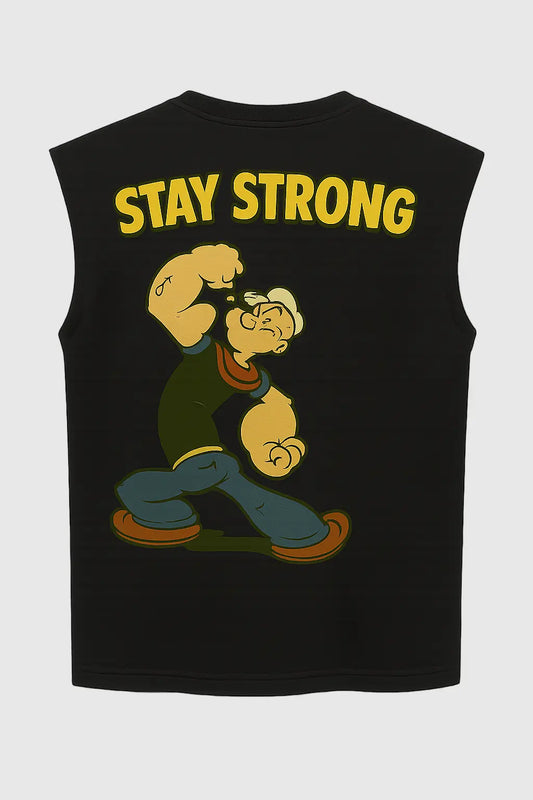 Popeye Stay Strong graphic black sleeveless tank top back view – retro fitness-inspired streetwear tee