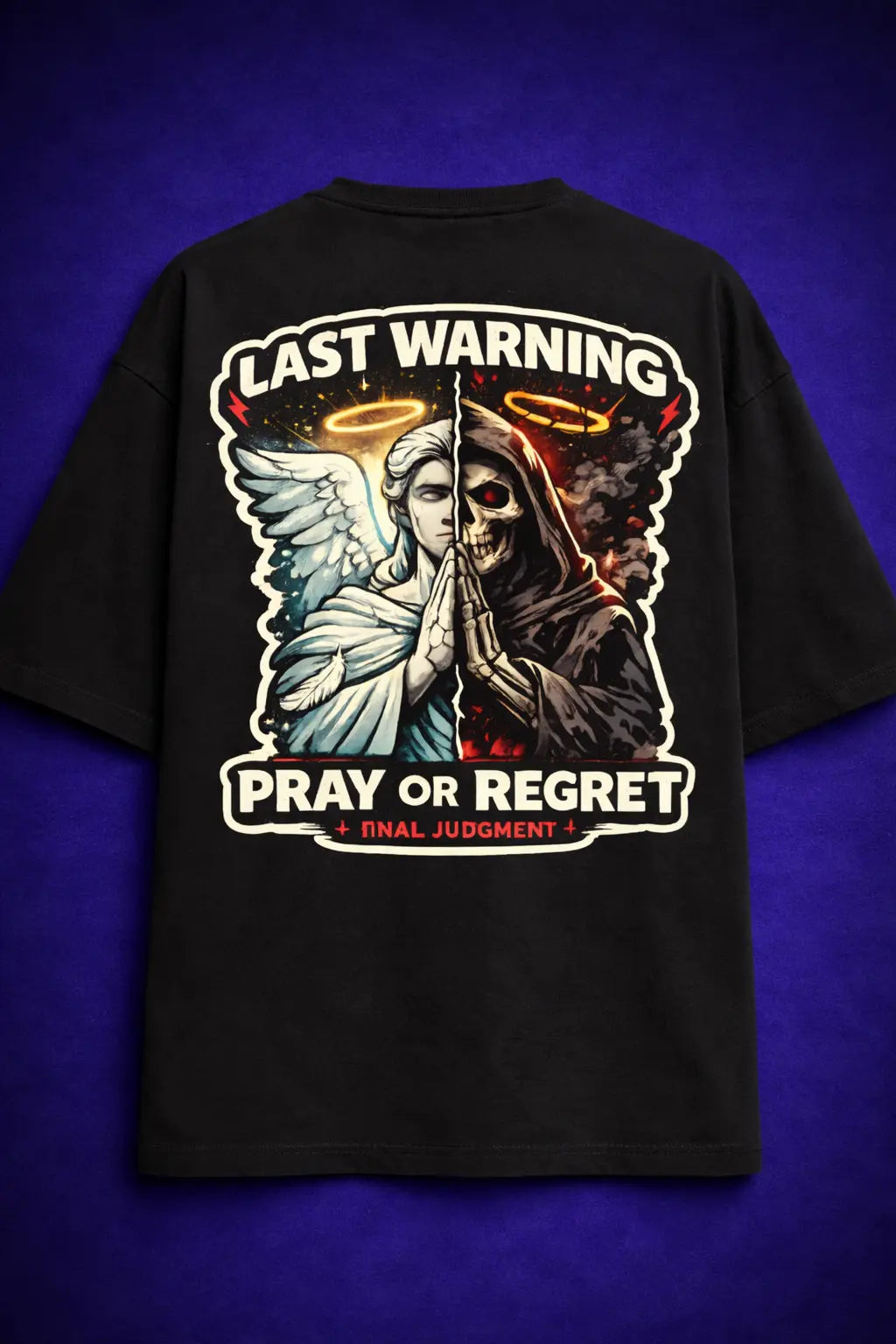 Pray or Regret oversized t shirt back print angel vs reaper graphic streetwear Maxedoutt