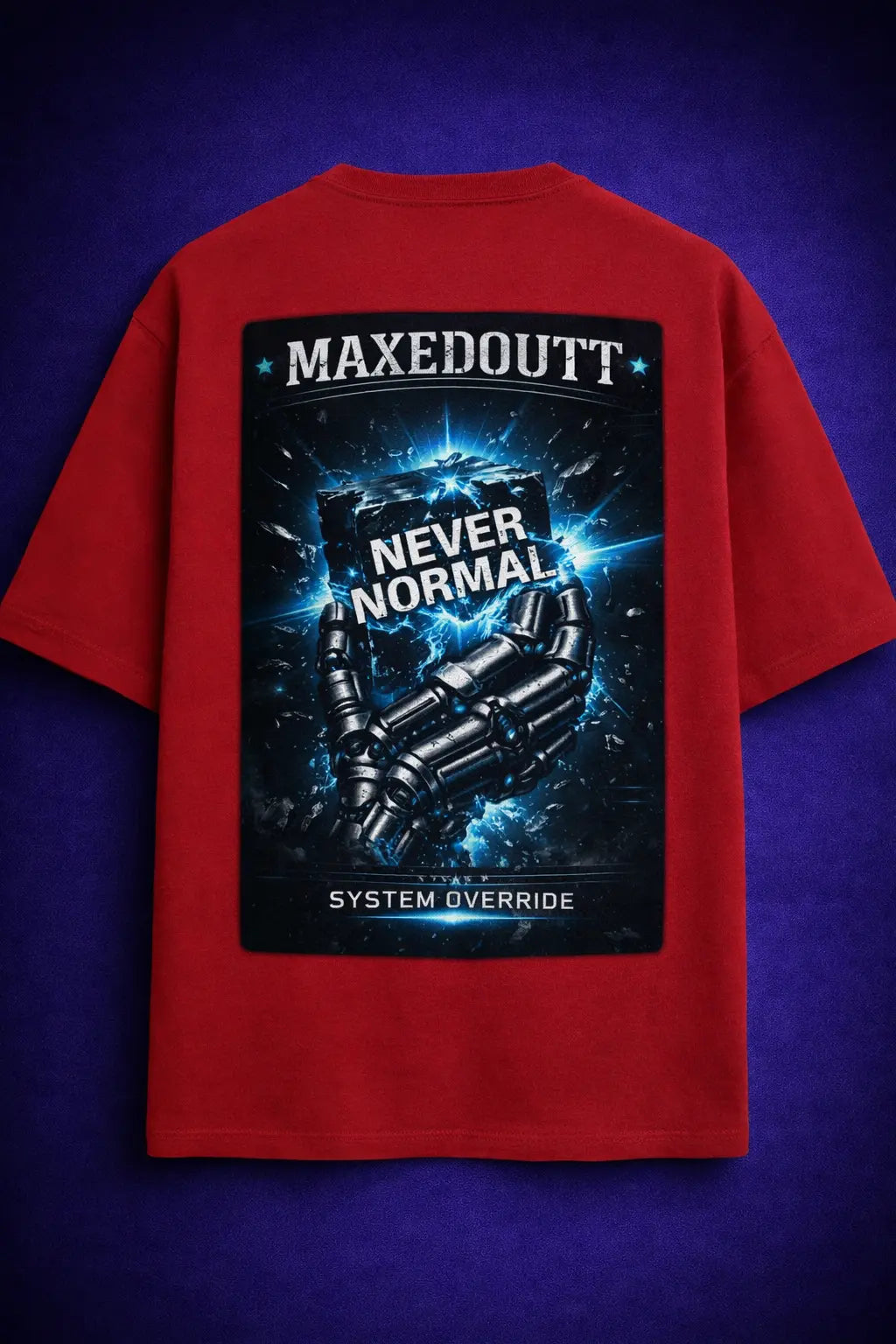 Red oversized t shirt with robotic hand holding cube and “Never Normal System Override” graphic – Maxedoutt streetwear