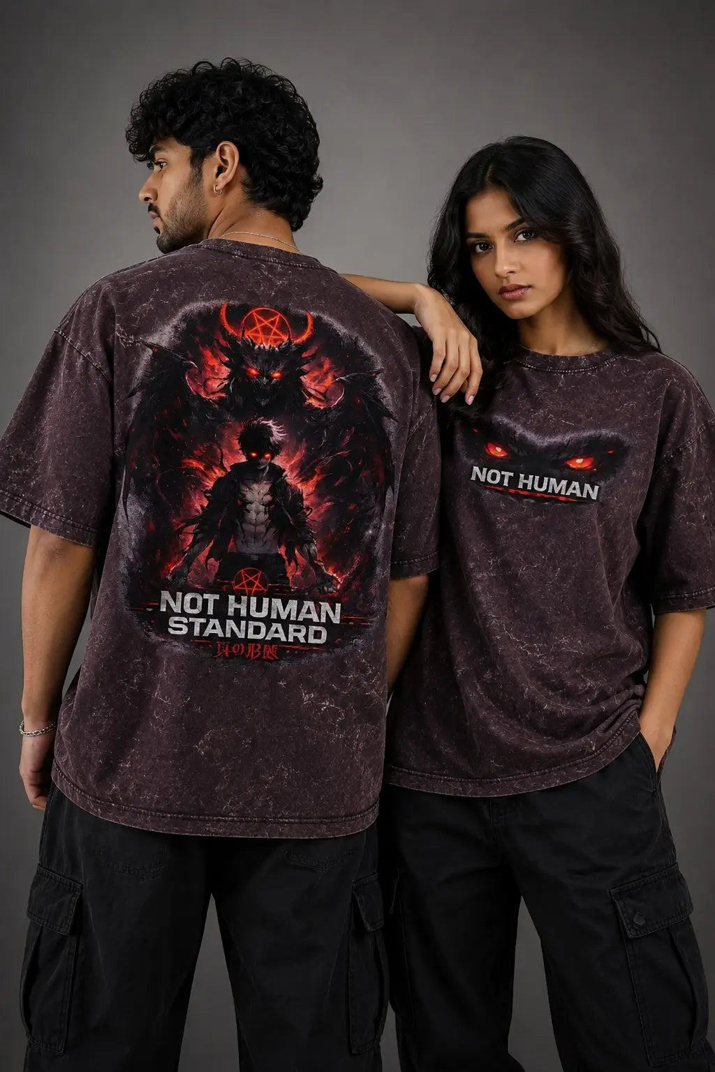 Not Human Acid Wash Oversized T Shirt – Dark Demon Graphic | Maxedoutt