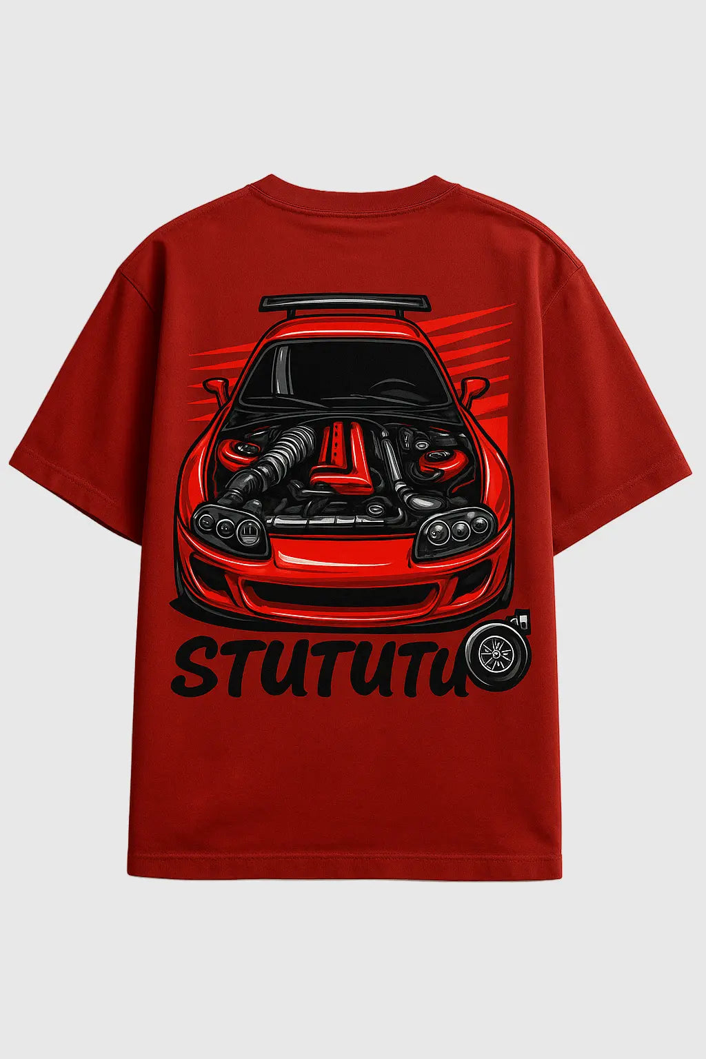 Back view of a red oversized T-shirt featuring a detailed Supra car illustration with an open engine and “STUTUTU” text below